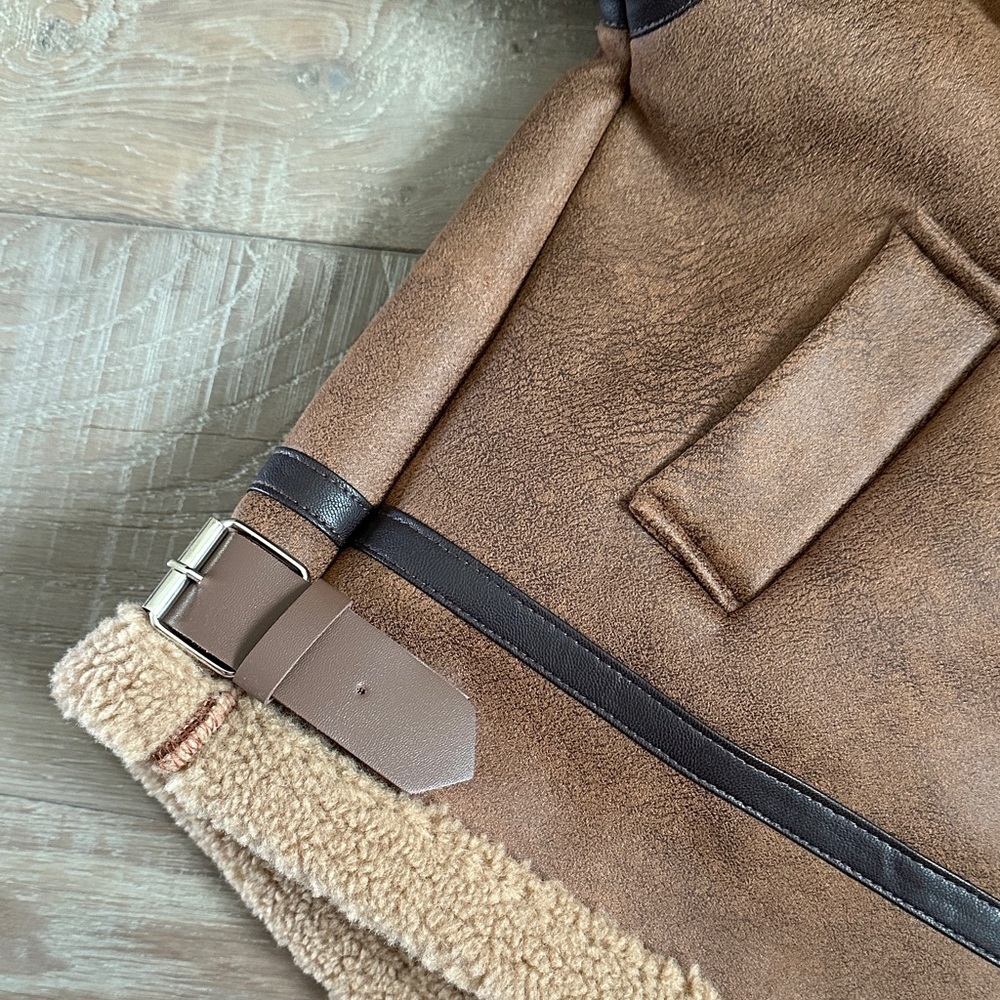 Brown Shearling Aviator Jacket - Faux Suede Bomber - Picture 3 of 4